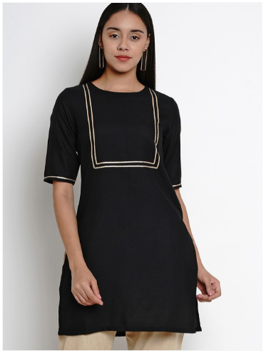 Black solid tunic, has a round neck with lace detail, short sleeves
