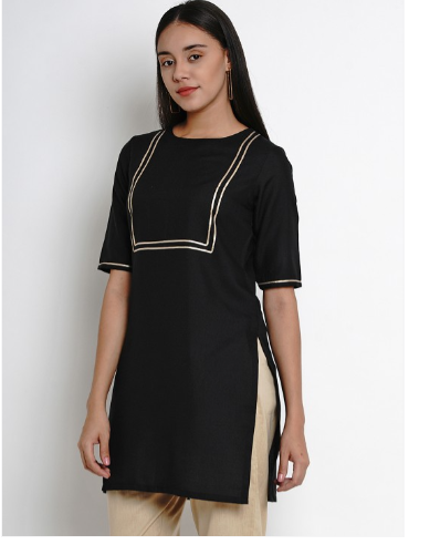 Black solid tunic, has a round neck with lace detail, short sleeves