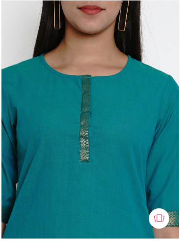 Green solid straight kurta, has a round neck, short sleeves