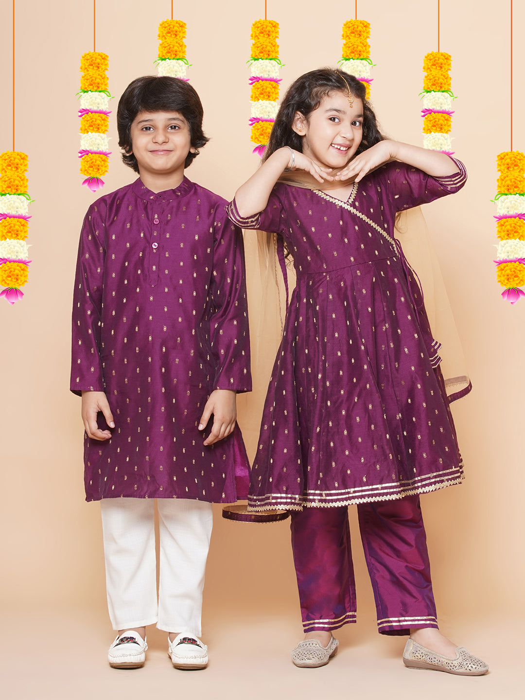Bitiya by Bhama Girls Burgundy  self design  Angrakha Gotta Patti Kurta & Trousers set  With Dupatta