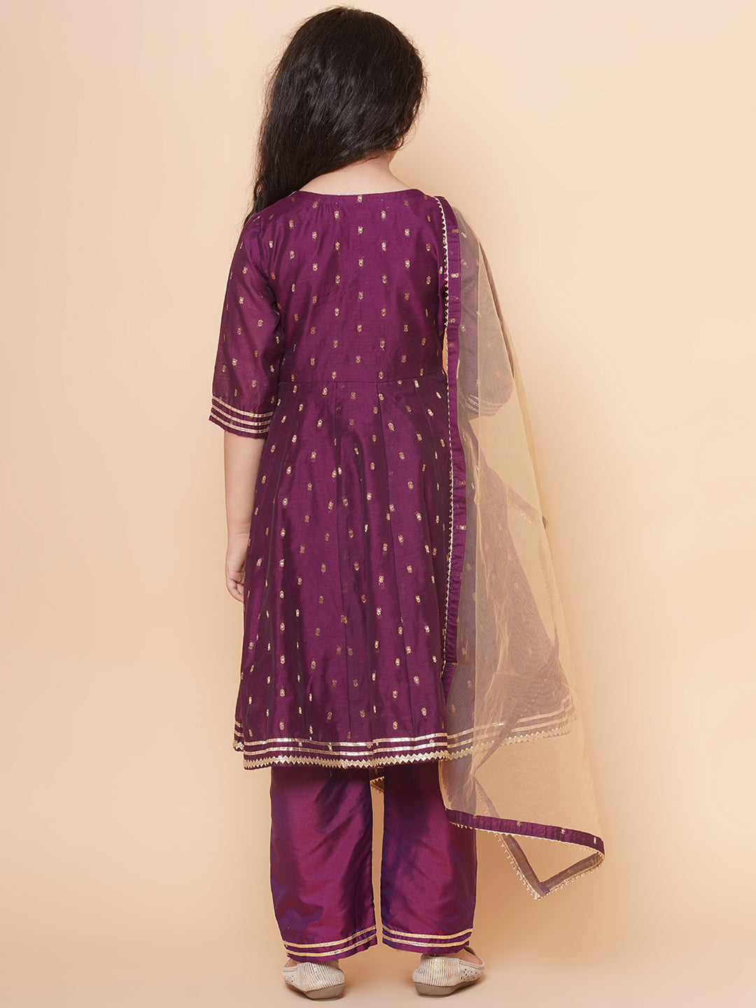 Bitiya by Bhama Girls Burgundy  self design  Angrakha Gotta Patti Kurta & Trousers set  With Dupatta