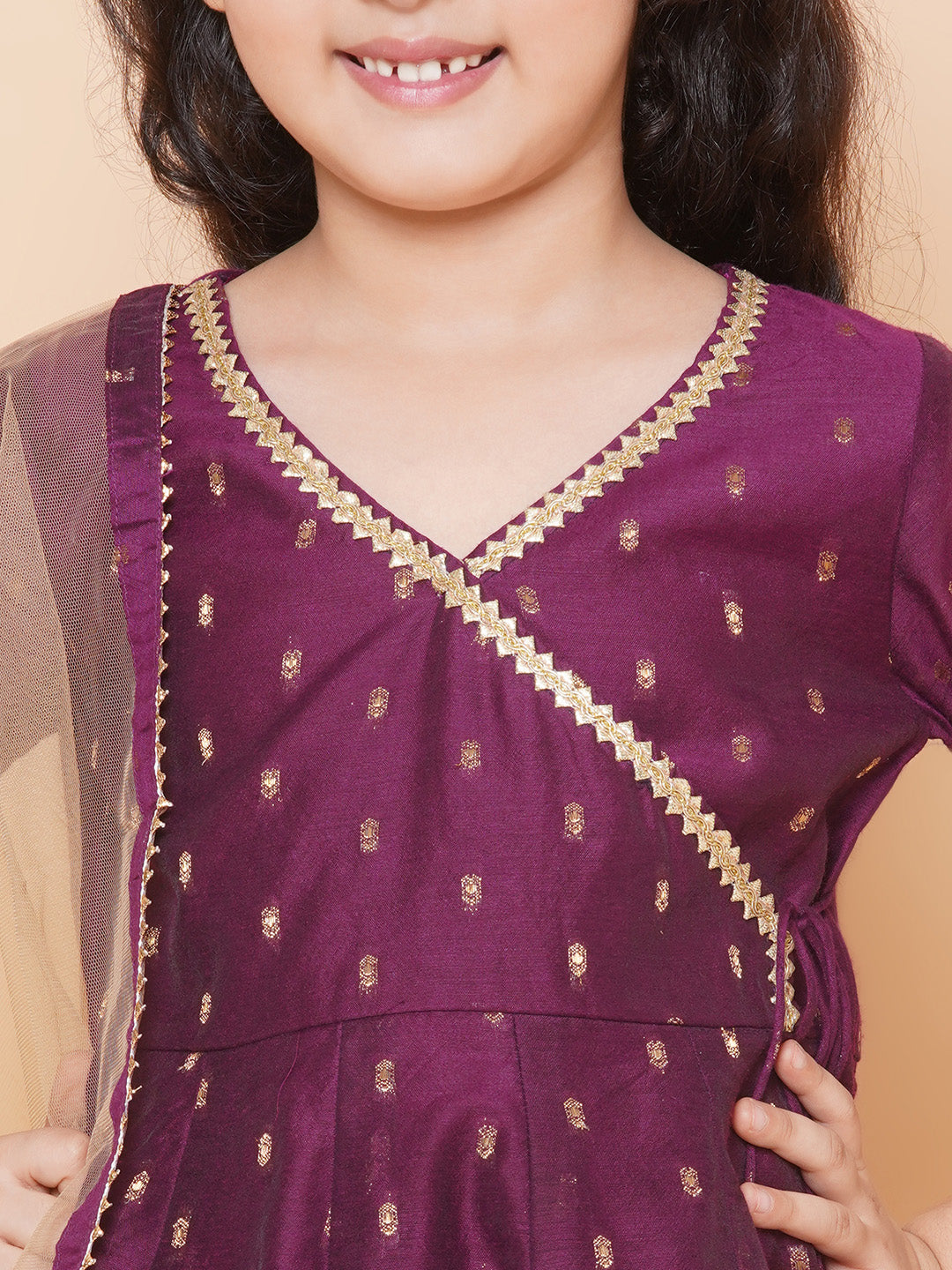 Bitiya by Bhama Girls Burgundy  self design  Angrakha Gotta Patti Kurta & Trousers set  With Dupatta