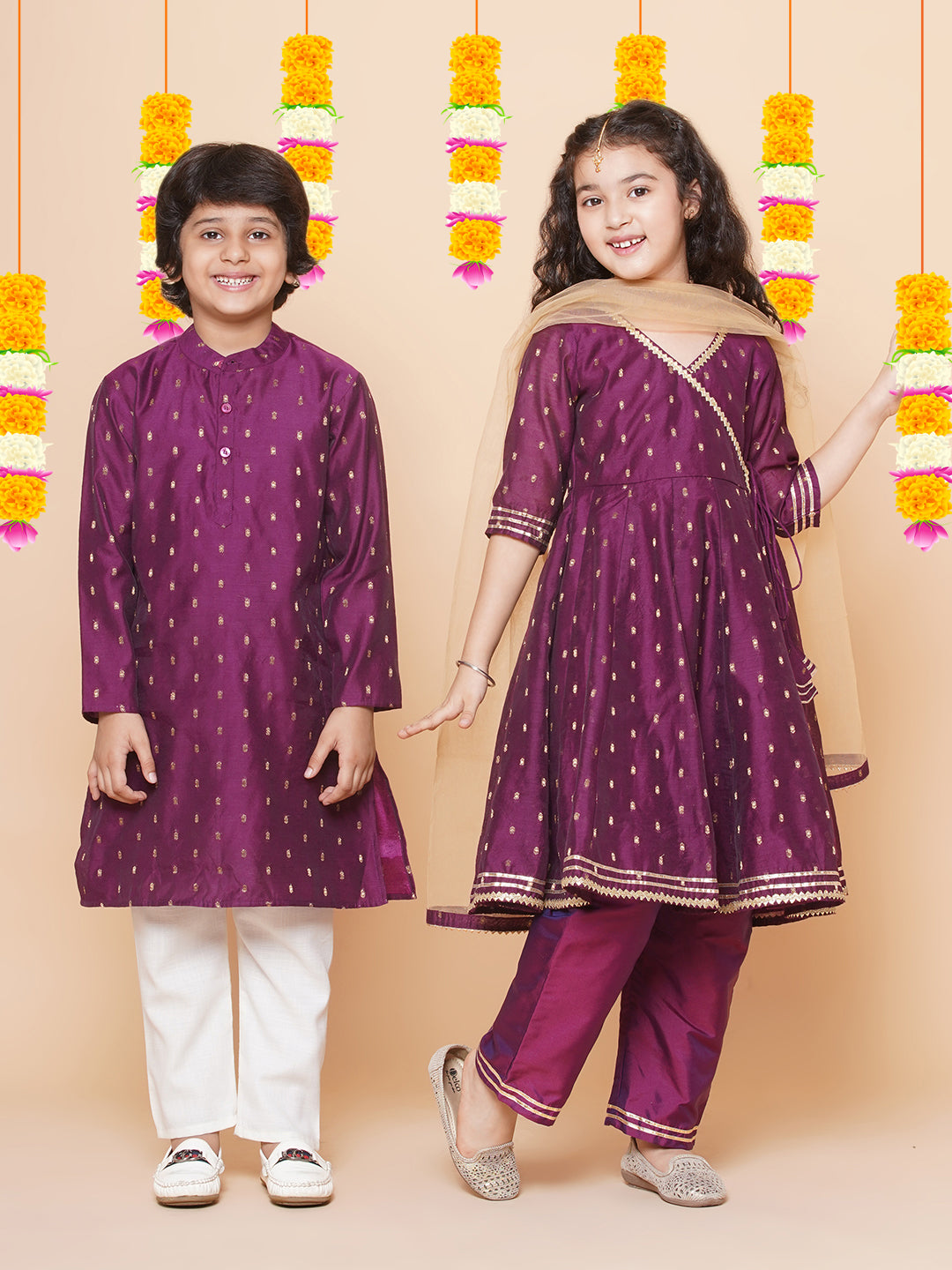 Bitiya by Bhama Girls Burgundy  self design  Angrakha Gotta Patti Kurta & Trousers set  With Dupatta