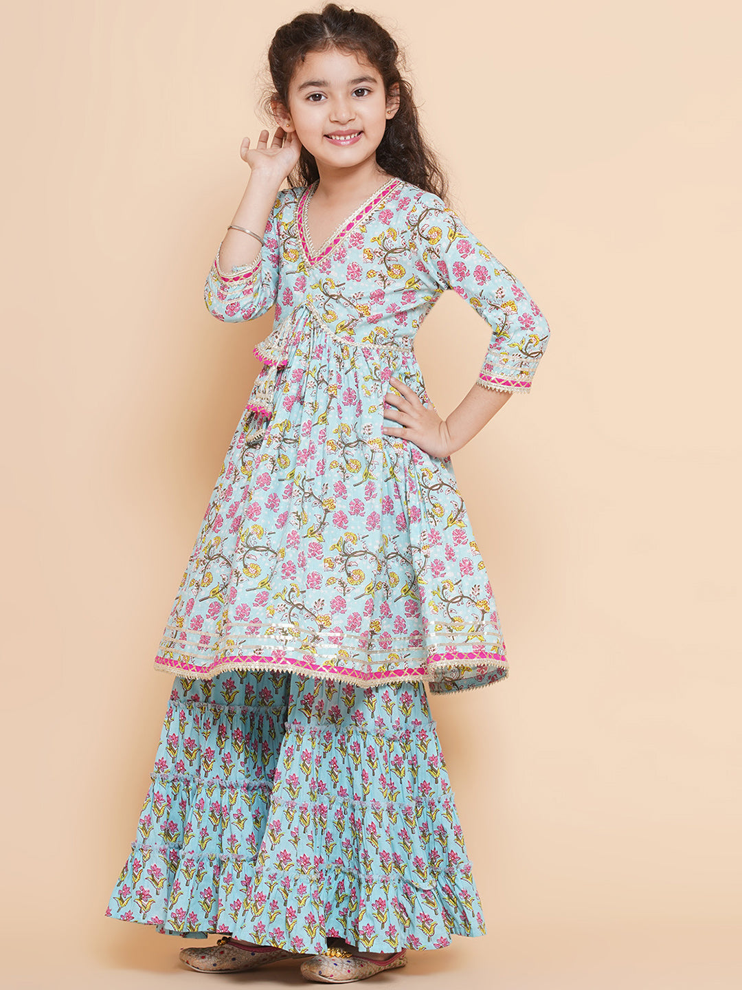 Bitiya by Bhama Girls Blue Printed V- Neck Kurta with Sharara