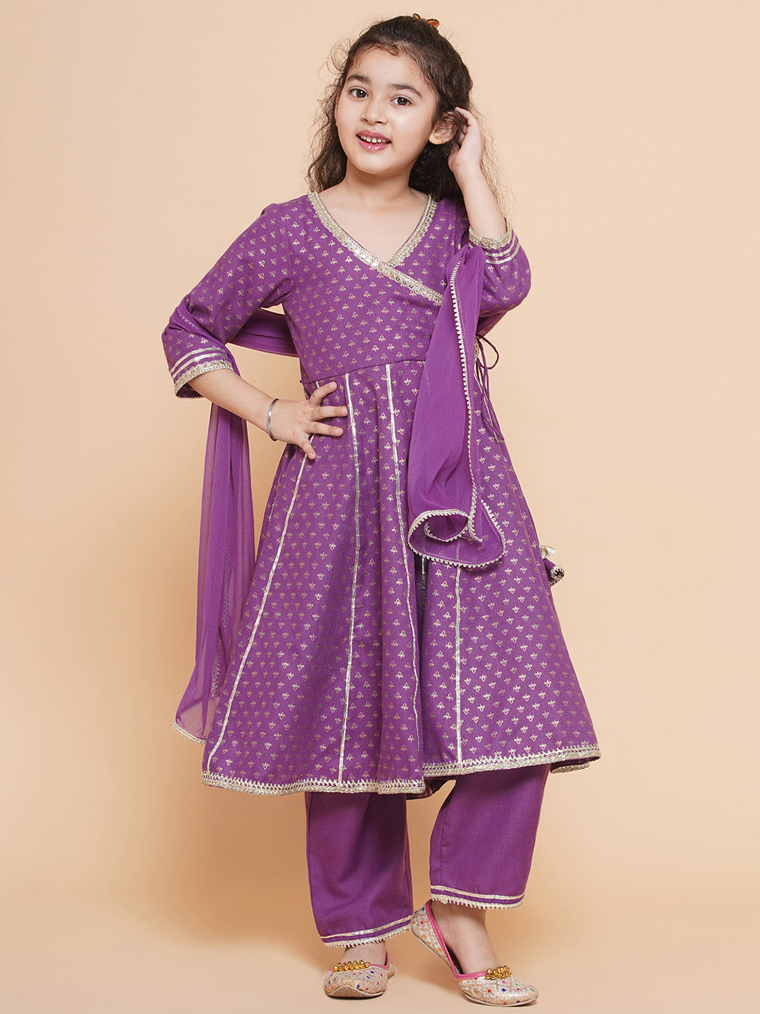 Bitiya by Bhama Girls Purple Ethnic Motifs foil Printed Angrakha Kurta with Trouser  & Dupatta