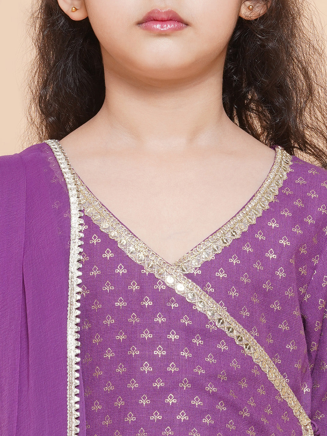 Bitiya by Bhama Girls Purple Ethnic Motifs foil Printed Angrakha Kurta with Trouser  & Dupatta
