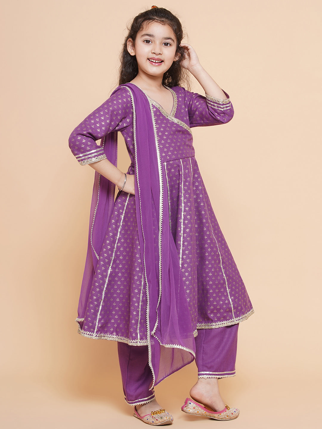 Bitiya by Bhama Girls Purple Ethnic Motifs foil Printed Angrakha Kurta with Trouser  & Dupatta