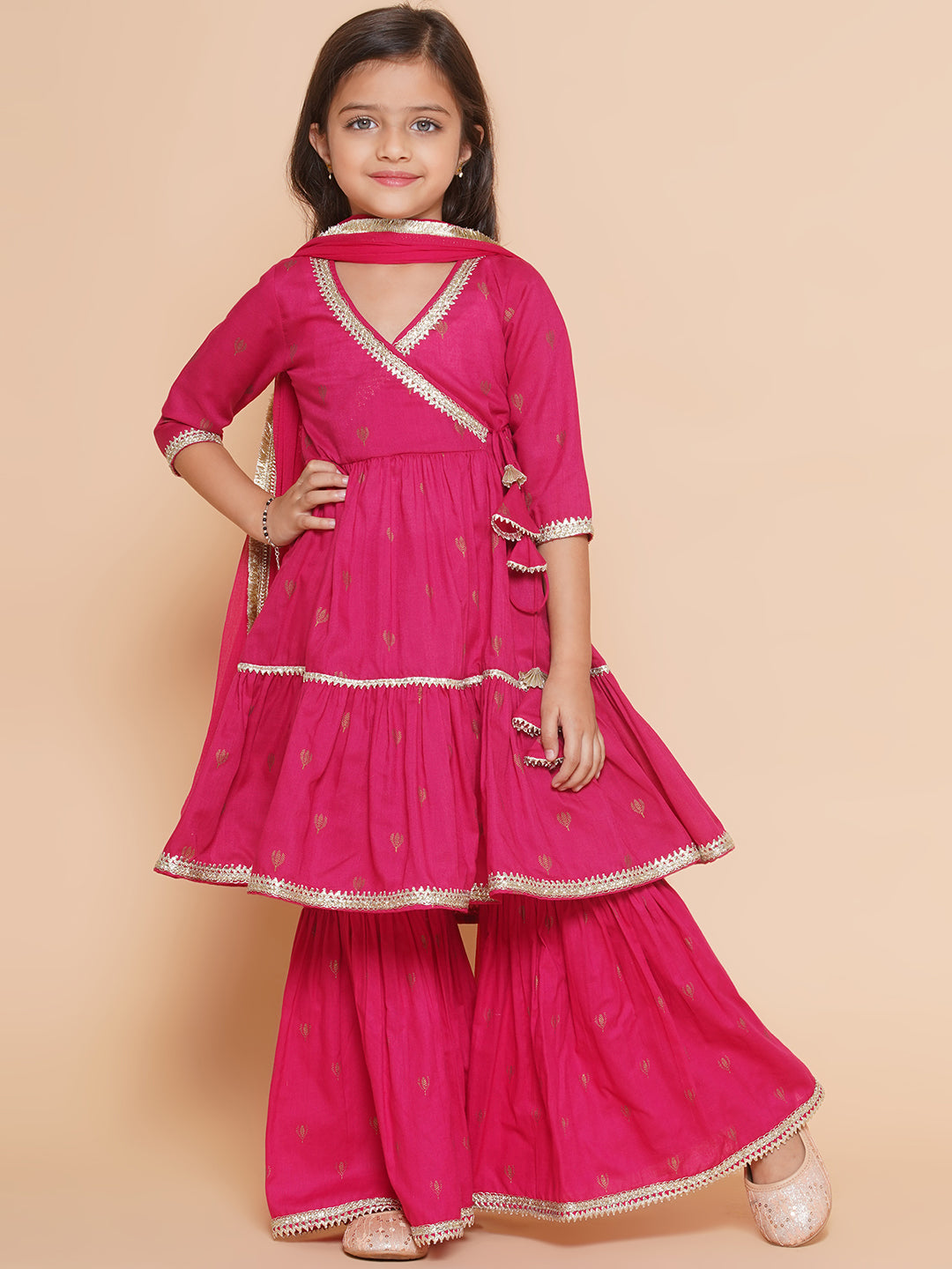 Bitiya by Bhama Girls pink Ethnic Motifs Printed  Angrakha Gotta Patti Kurta With Sharara  & Dupatta