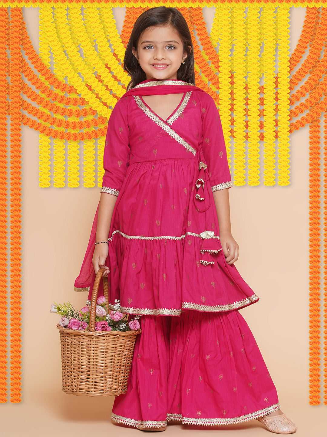 Bitiya by Bhama Girls pink Ethnic Motifs Printed  Angrakha Gotta Patti Kurta With Sharara  & Dupatta