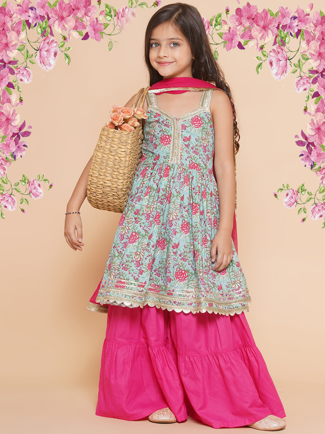 Bitiya by Bhama Girls Blue  Floral Printed Cotton Kurta With Sharara with  Dupatta