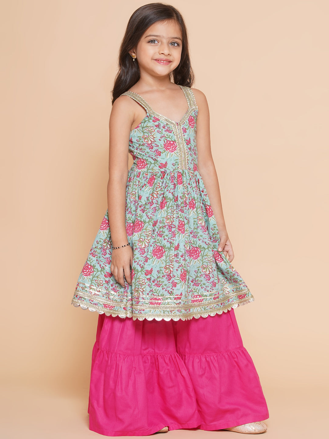 Bitiya by Bhama Girls Blue  Floral Printed Cotton Kurta With Sharara with  Dupatta