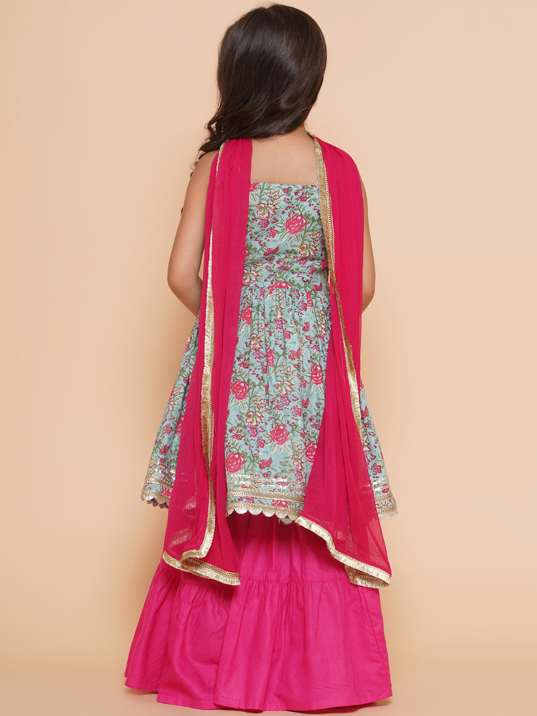 Bitiya by Bhama Girls Blue  Floral Printed Cotton Kurta With Sharara with  Dupatta