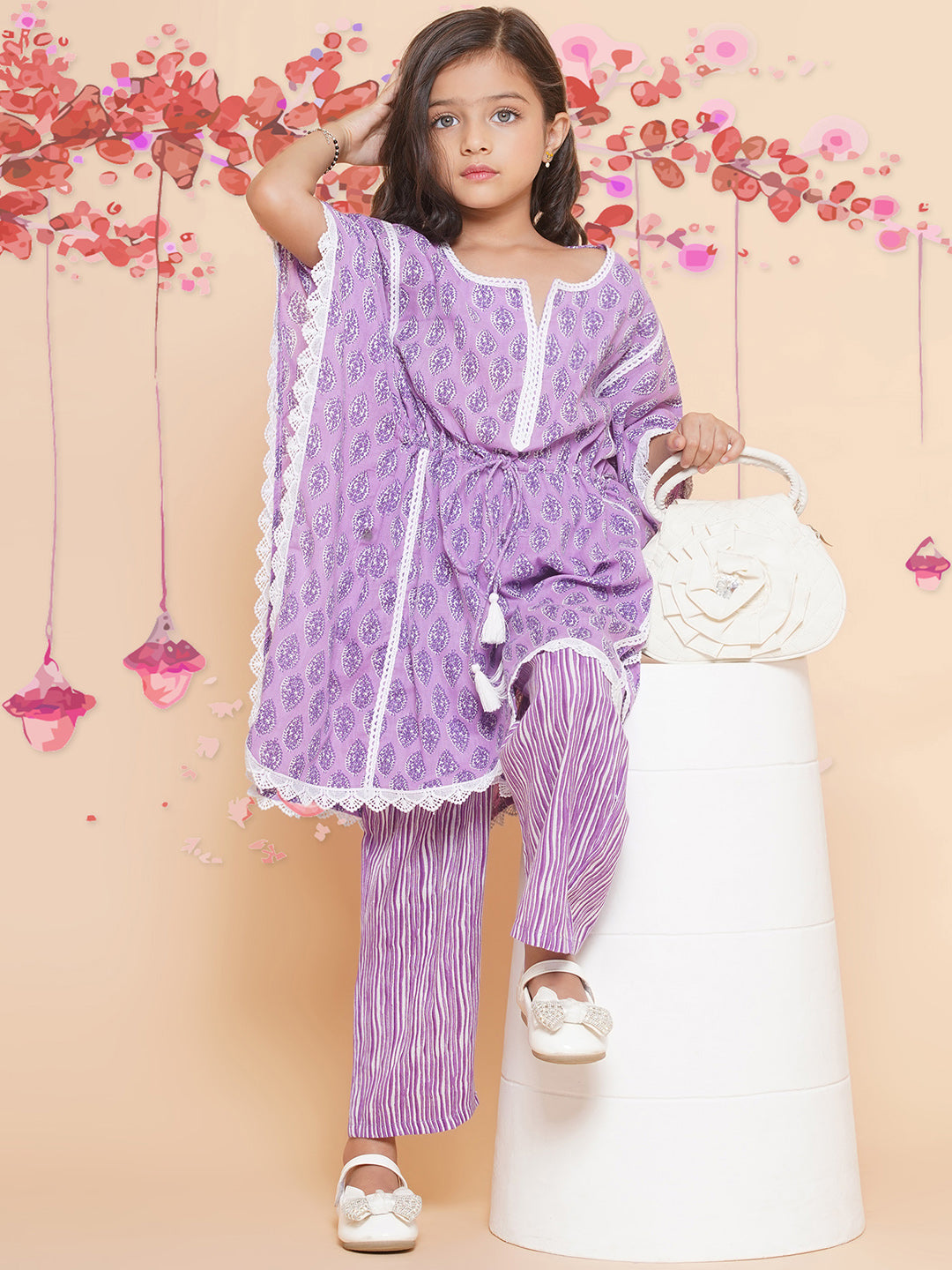 Bitiya by Bhama Girls Purple Printed V- Neck Kaftan Kurta with Palazzos