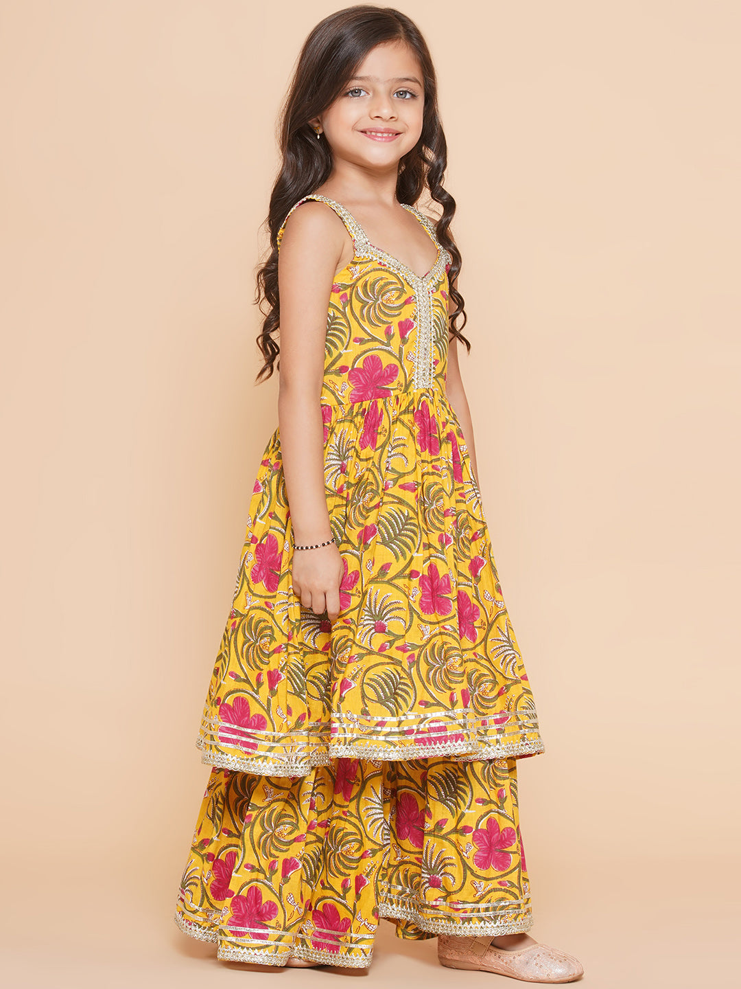 Bitiya by Bhama Girls Yellow Floral Printed Cotton Kurta With Sharara with  Dupatta
