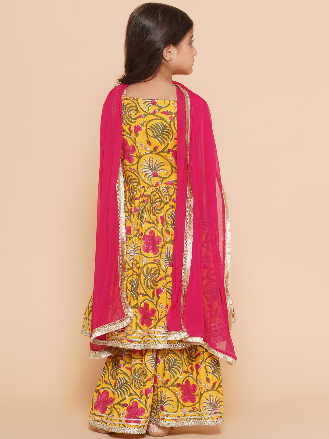 Bitiya by Bhama Girls Yellow Floral Printed Cotton Kurta With Sharara with  Dupatta
