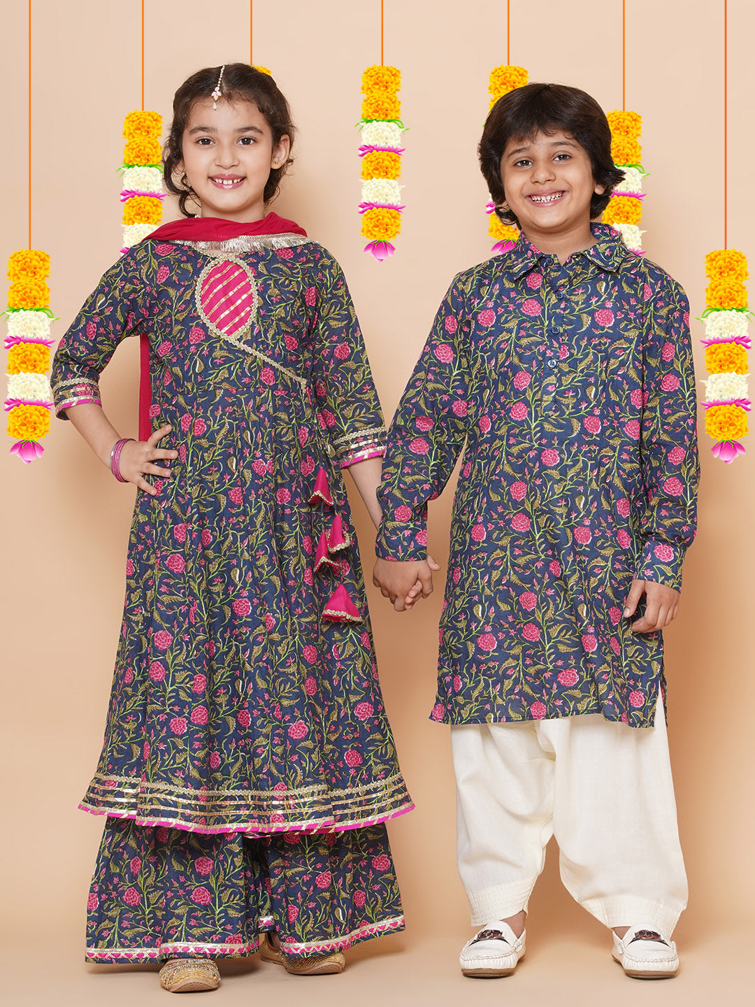 Bitiya by Bhama Girls Blue Floral Printed Angrakha Gotta Patti Kurta Sharara set With Dupatta