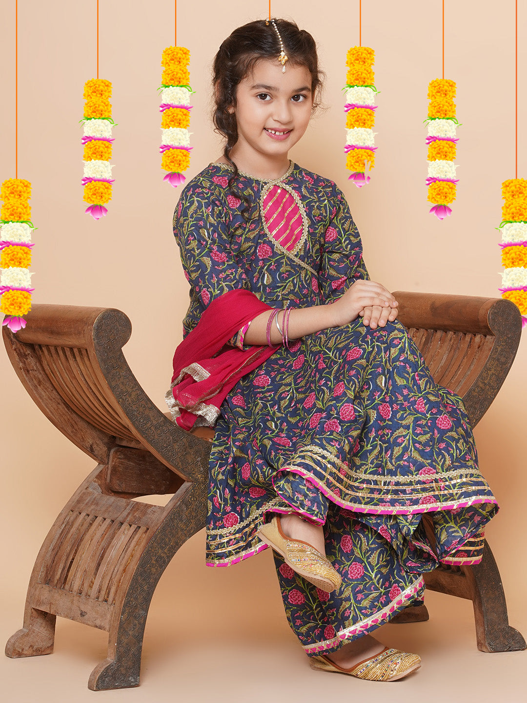 Bitiya by Bhama Girls Blue Floral Printed Angrakha Gotta Patti Kurta Sharara set With Dupatta