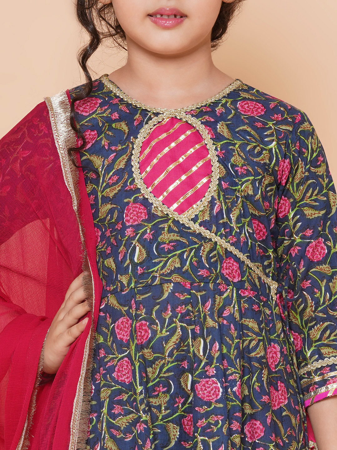 Bitiya by Bhama Girls Blue Floral Printed Angrakha Gotta Patti Kurta Sharara set With Dupatta