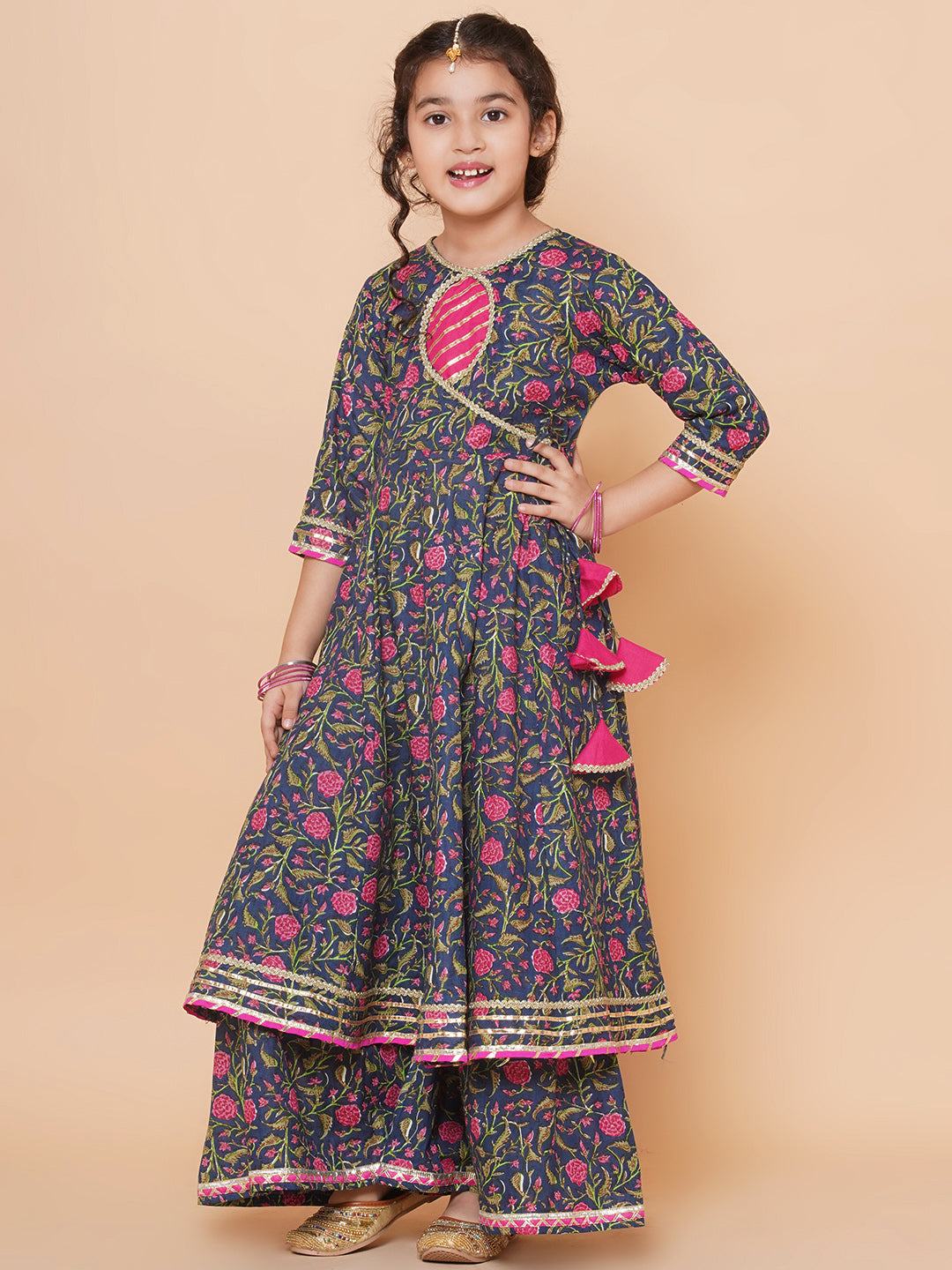 Bitiya by Bhama Girls Blue Floral Printed Angrakha Gotta Patti Kurta Sharara set With Dupatta