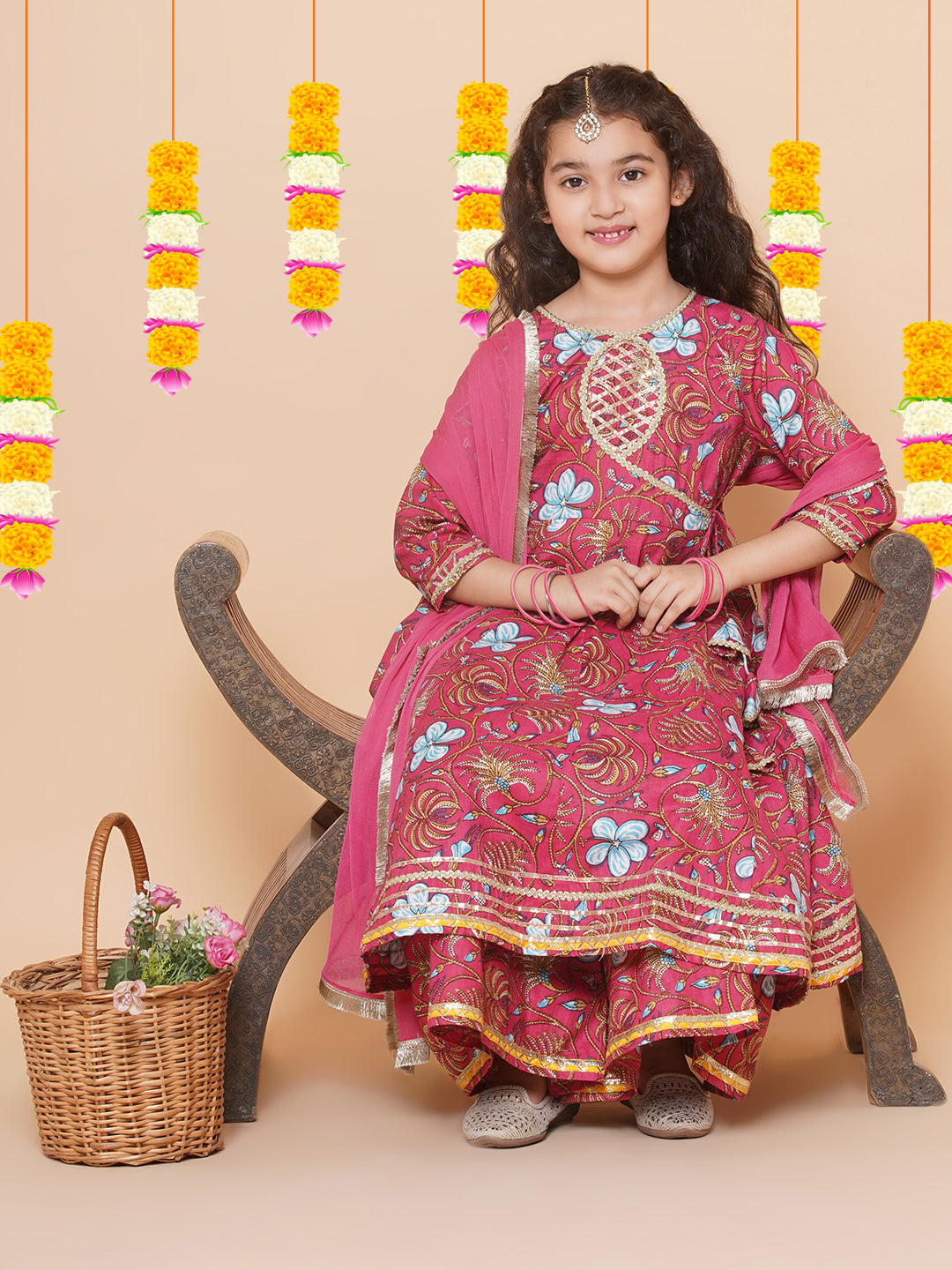 Bitiya by Bhama Girls Peach Floral Printed Angrakha Gotta Patti Kurta & Sharara set With Dupatta