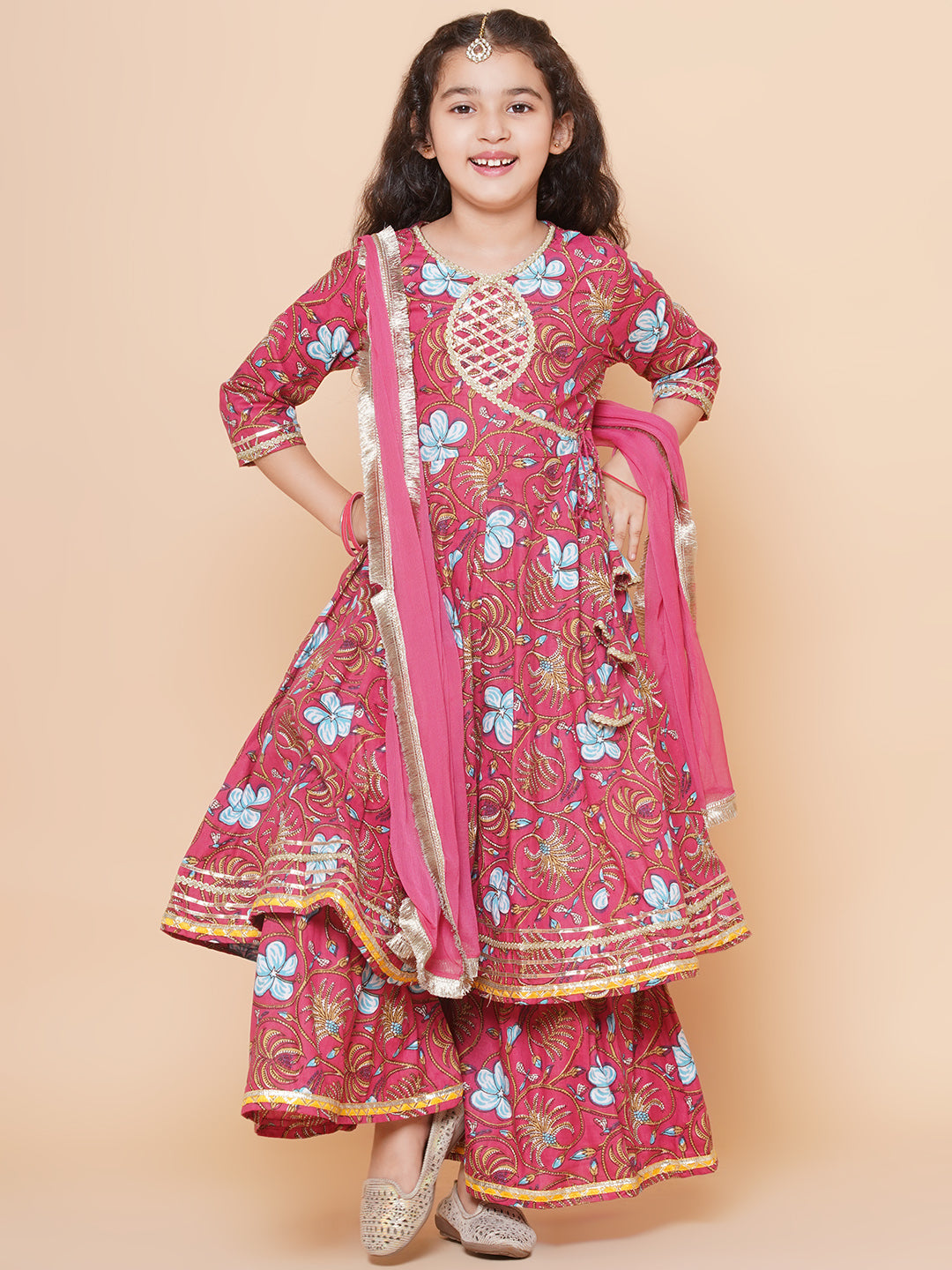Bitiya by Bhama Girls Peach Floral Printed Angrakha Gotta Patti Kurta & Sharara set With Dupatta