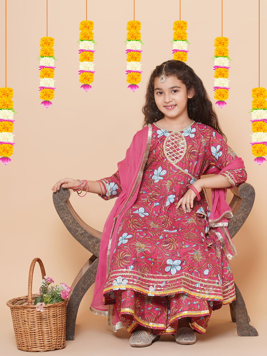 Bitiya by Bhama Girls Peach Floral Printed Angrakha Gotta Patti Kurta & Sharara set With Dupatta
