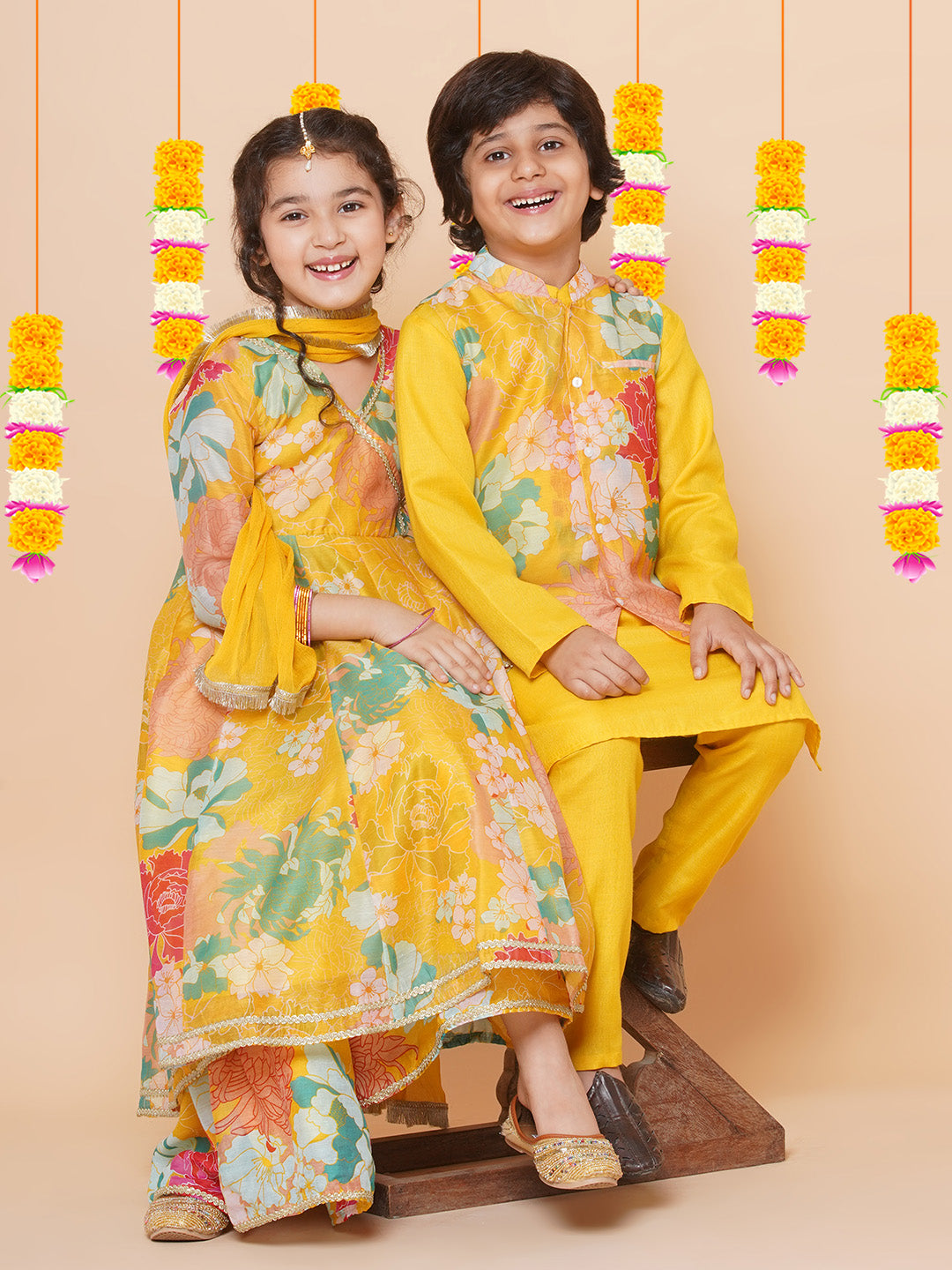 Bitiya by Bhama Girls Yellow Multi Floral Angrakha Gotta Patti Kurta Sharara set With Dupatta