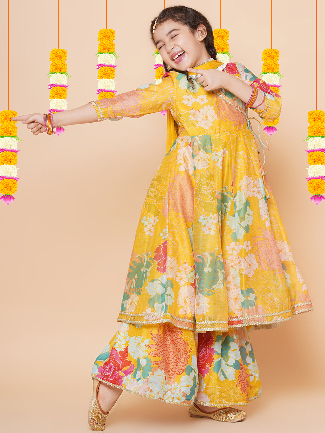 Bitiya by Bhama Girls Yellow Multi Floral Angrakha Gotta Patti Kurta Sharara set With Dupatta