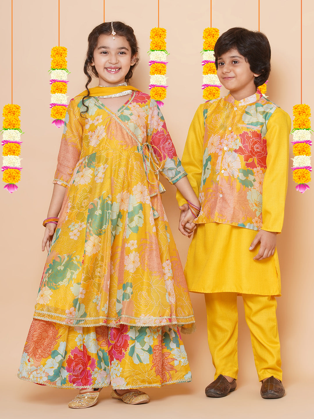 Bitiya by Bhama Girls Yellow Multi Floral Angrakha Gotta Patti Kurta Sharara set With Dupatta