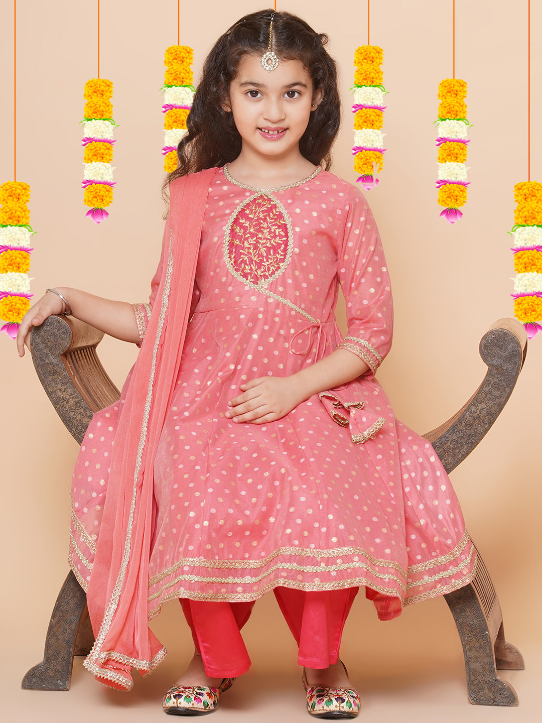 Bitiya by Bhama Girls Peach Self design Booti Angrakha Gotta Patti Kurta & with Trouser  & Dupatta