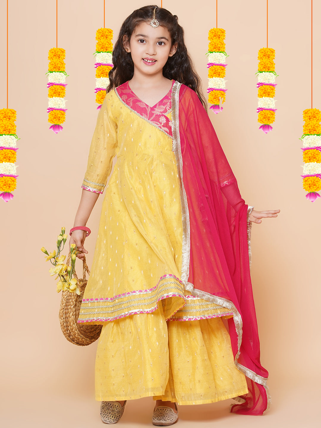 Bitiya by Bhama Girls Yellow self design Angrakha Gotta Patti Kurta & Sharara set With Dupatta
