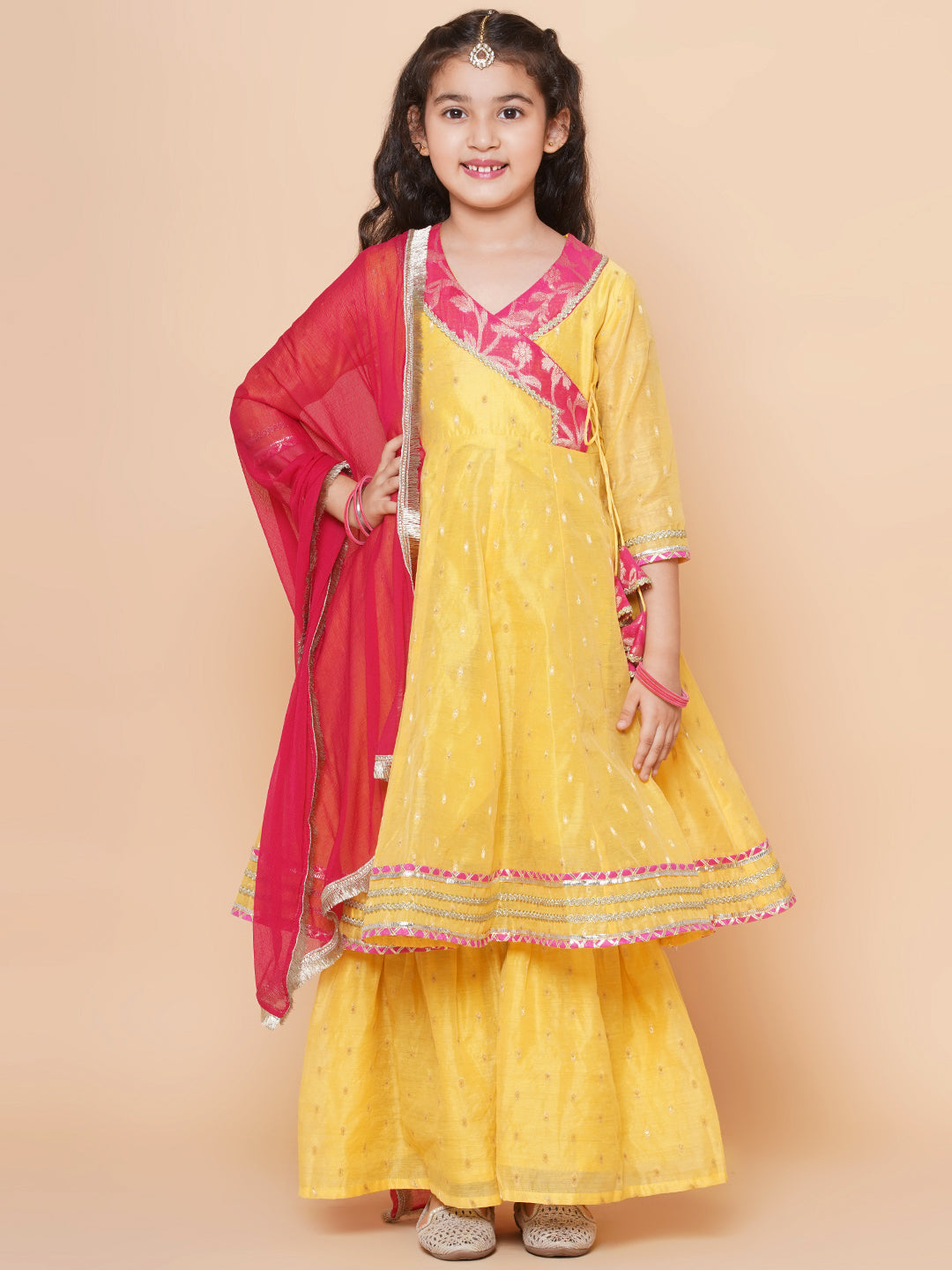 Bitiya by Bhama Girls Yellow self design Angrakha Gotta Patti Kurta & Sharara set With Dupatta