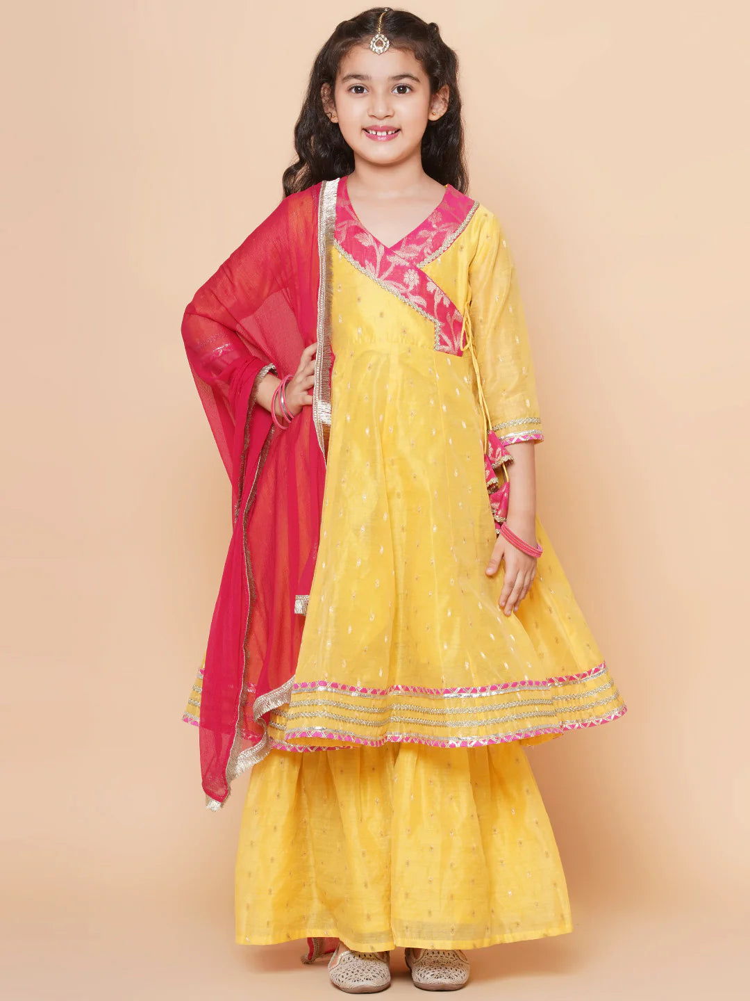 Yellow Modal Booti Angrakha Kurta set For Women & Angrakha Kurta Sharara Set For Girl.