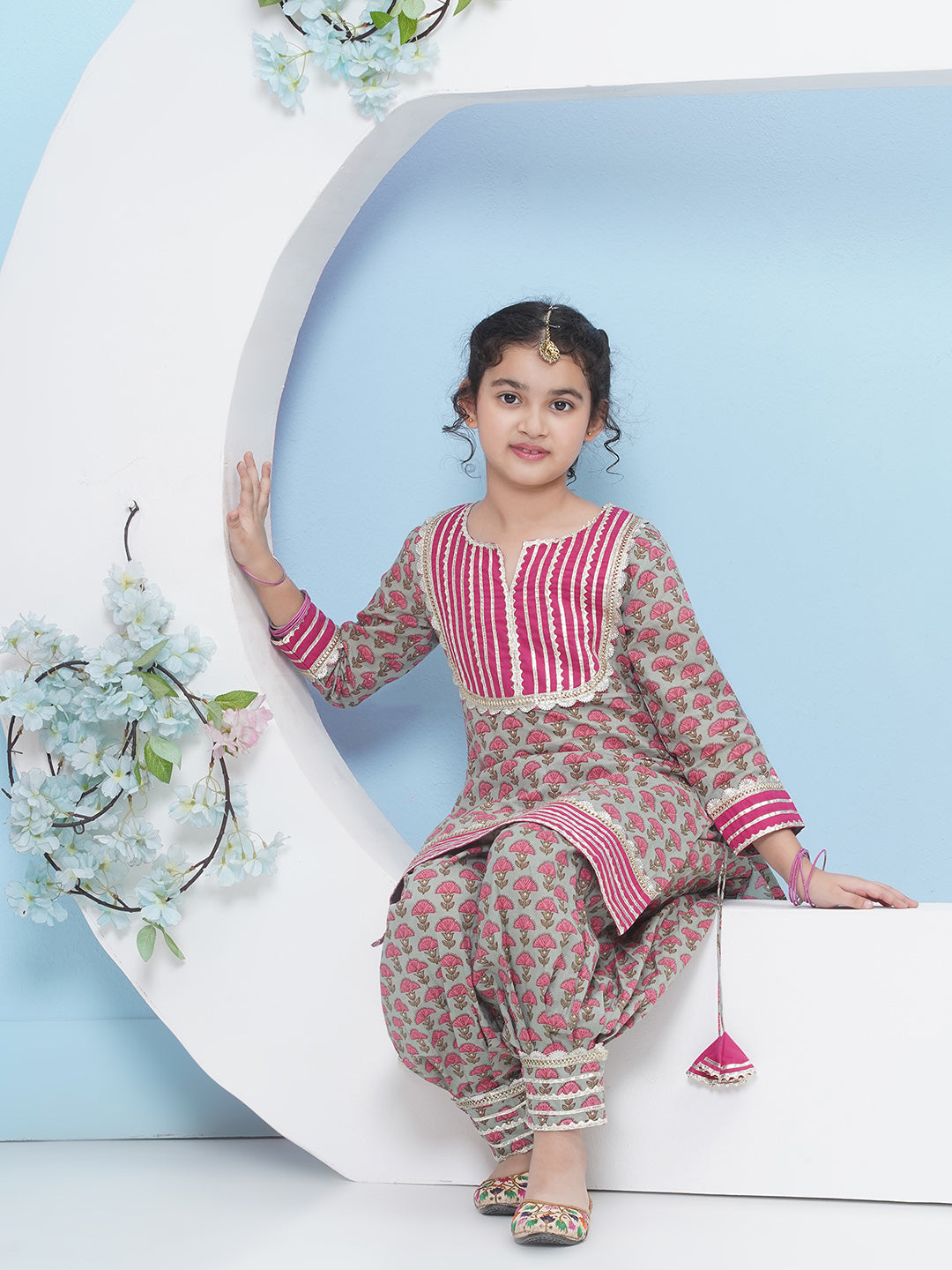 Bitiya by Bhama Girls Off-White Floral Printed Angrakha Kurta with Sharara