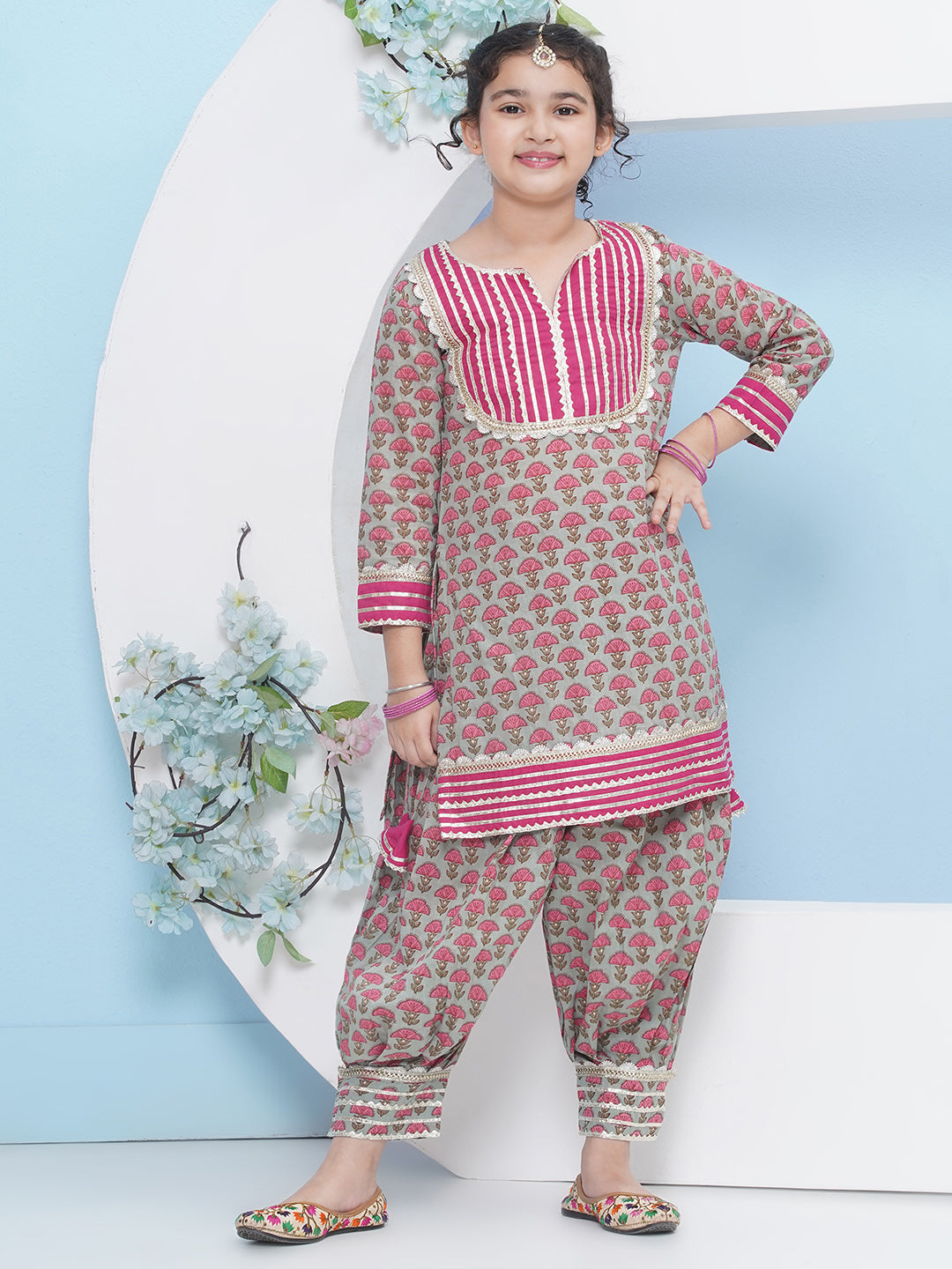 Bitiya by Bhama Girls Off-White Floral Printed Angrakha Kurta with Sharara