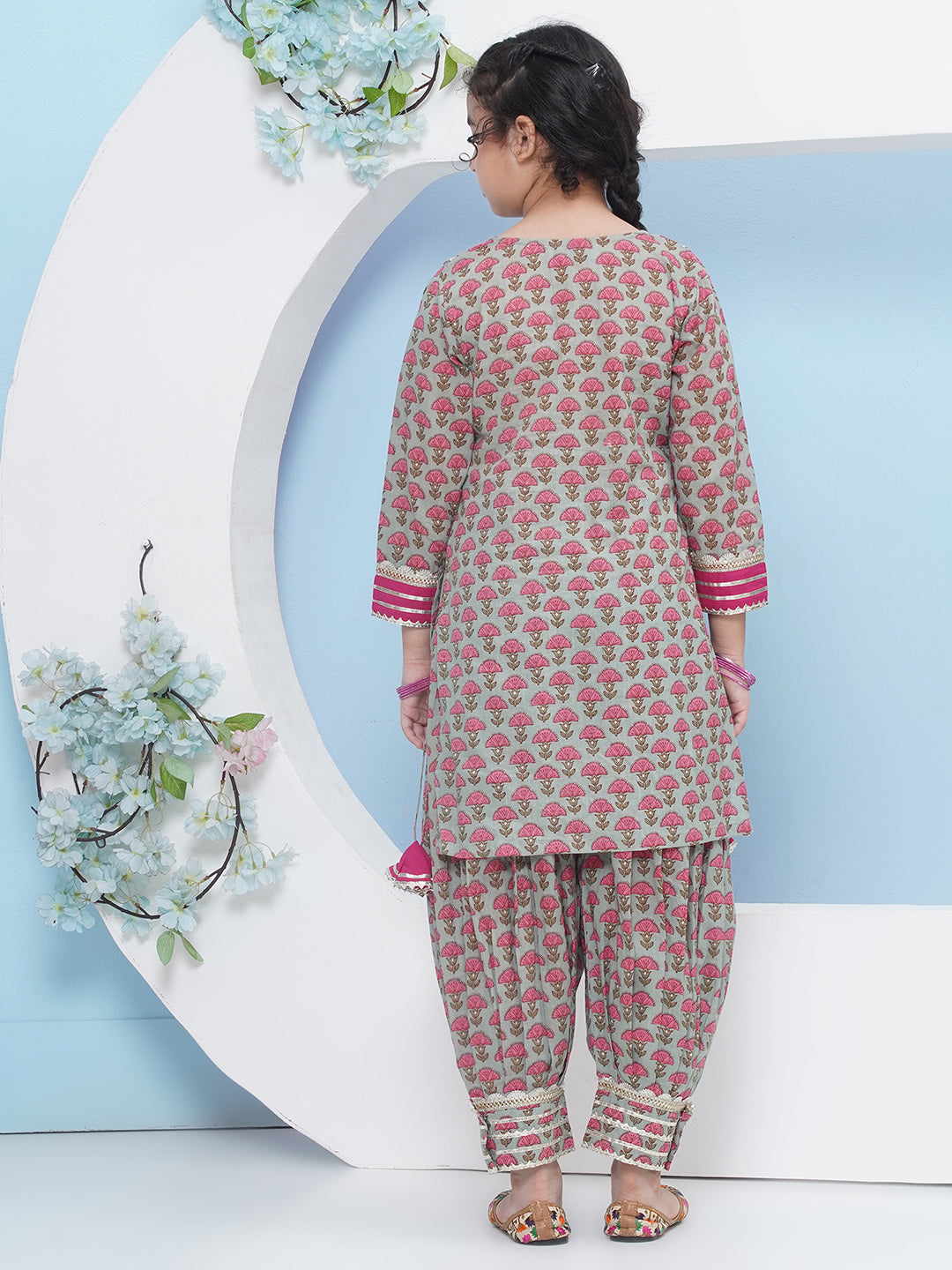 Bitiya by Bhama Girls Off-White Floral Printed Angrakha Kurta with Sharara