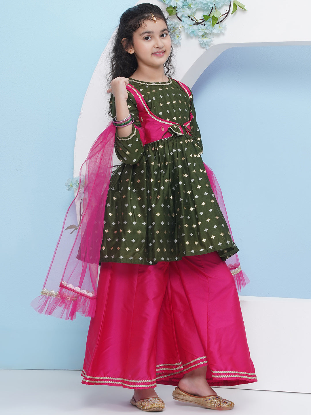 Girls Ethnic Motifs Embroidered Gotta Patti Anarkali Kurta & Sharara With Dupatta