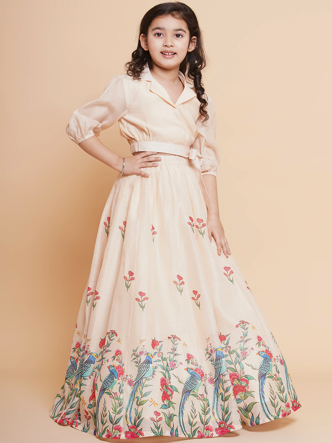 Bitiya by Bhama Girls Beige Peacock Printed Ready to wear Lehenga with Choli