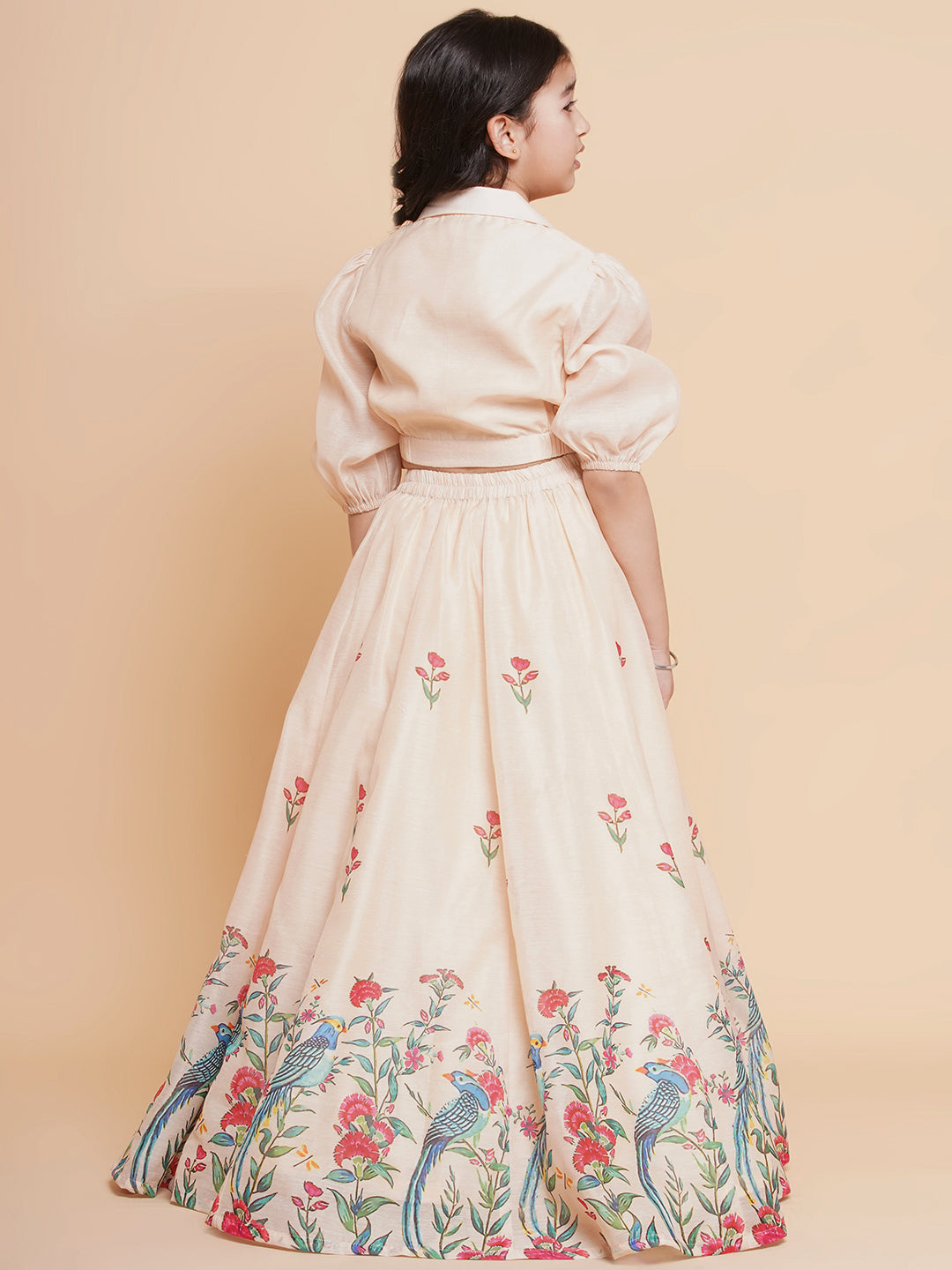Bitiya by Bhama Girls Beige Peacock Printed Ready to wear Lehenga with Choli