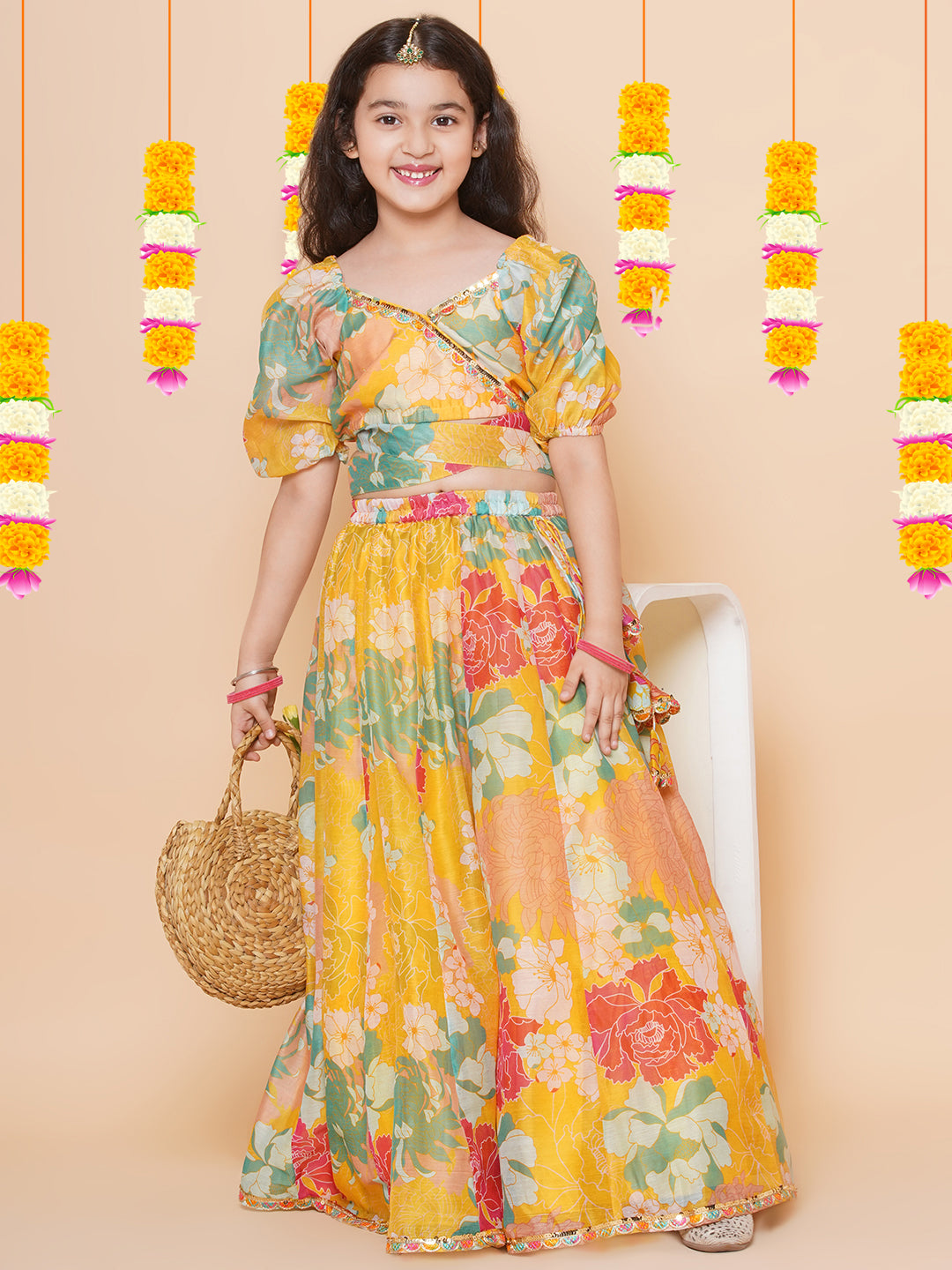Bitiya by bhama Girls Yellow Flower Digital Print Lace work Choli with Ready to wear Lehenga.