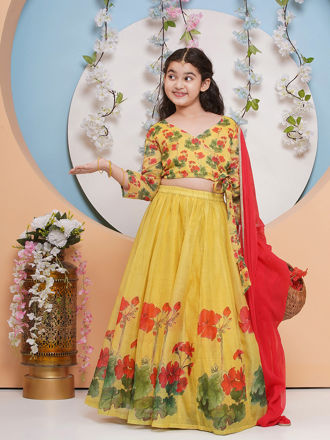 Bitiya by Bhama Girls Yellow & Red Flower Digital Printed Choli Ready