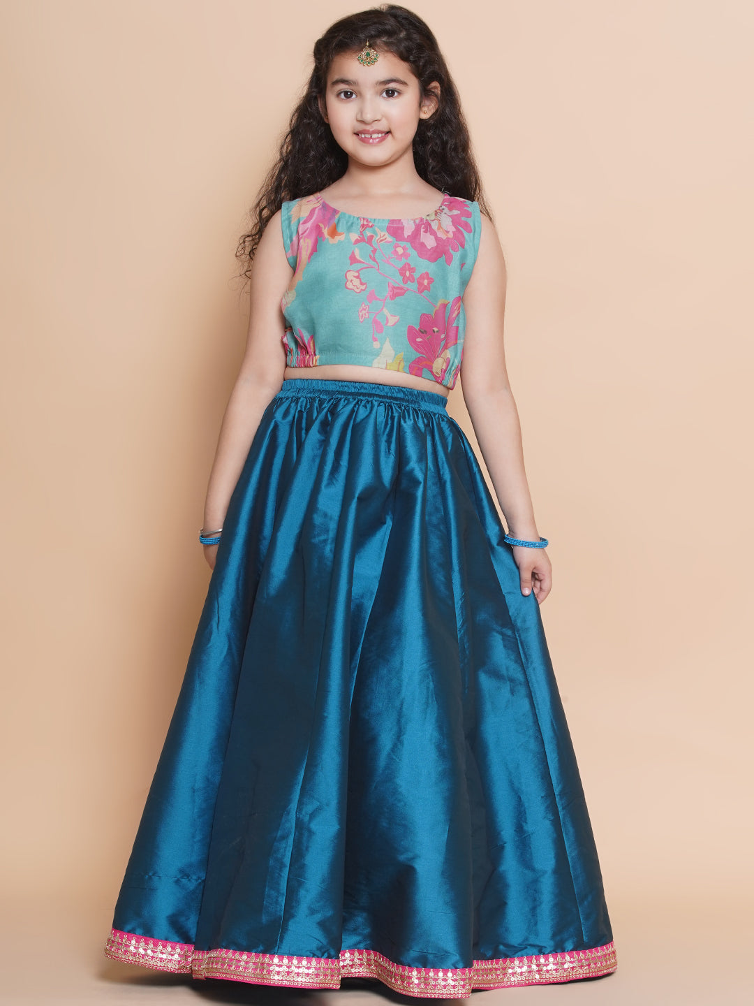 Bitiya by Bhama Girls Blue Floral Printed Ready to Wear Lehenga & Blouse with Shrug
