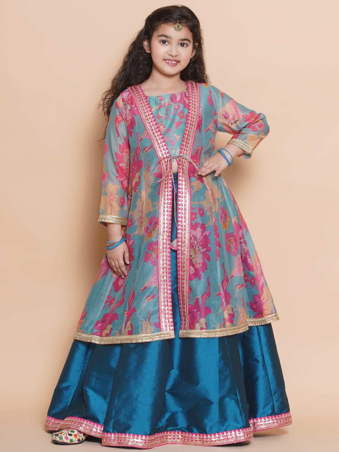 Bitiya by Bhama Girls Blue Floral Printed Ready to Wear Lehenga & Blouse with Shrug