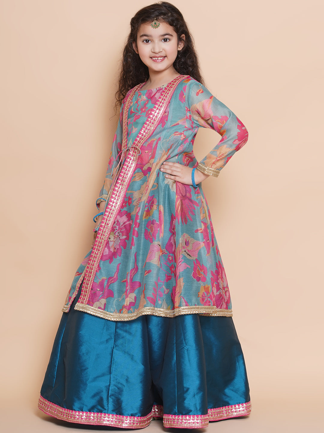 Bitiya by Bhama Girls Blue Floral Printed Ready to Wear Lehenga & Blouse with Shrug