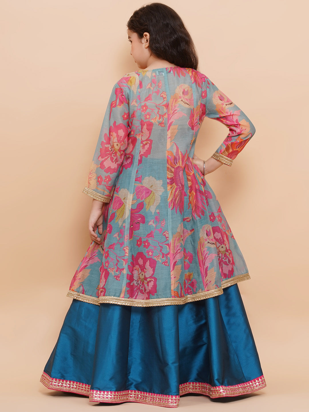 Bitiya by Bhama Girls Blue Floral Printed Ready to Wear Lehenga & Blouse with Shrug