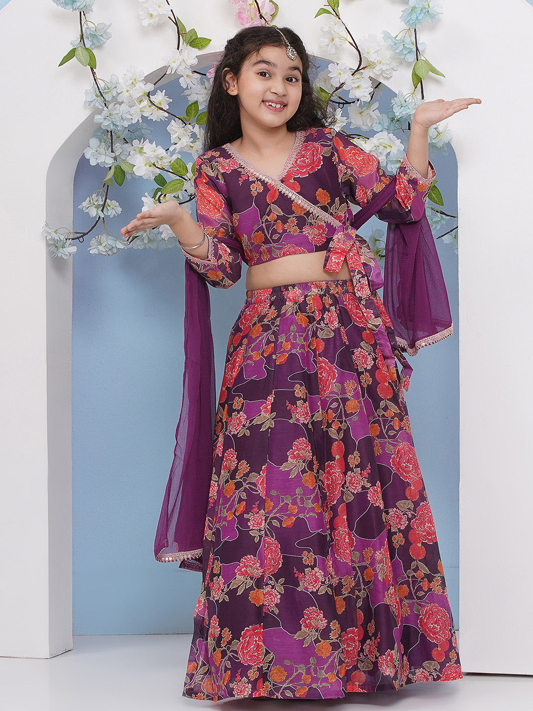 Bitiya by Bhama Girls Purple & Pink Flower Digital Printed Choli Ready to wear Lehenga With Dupatta