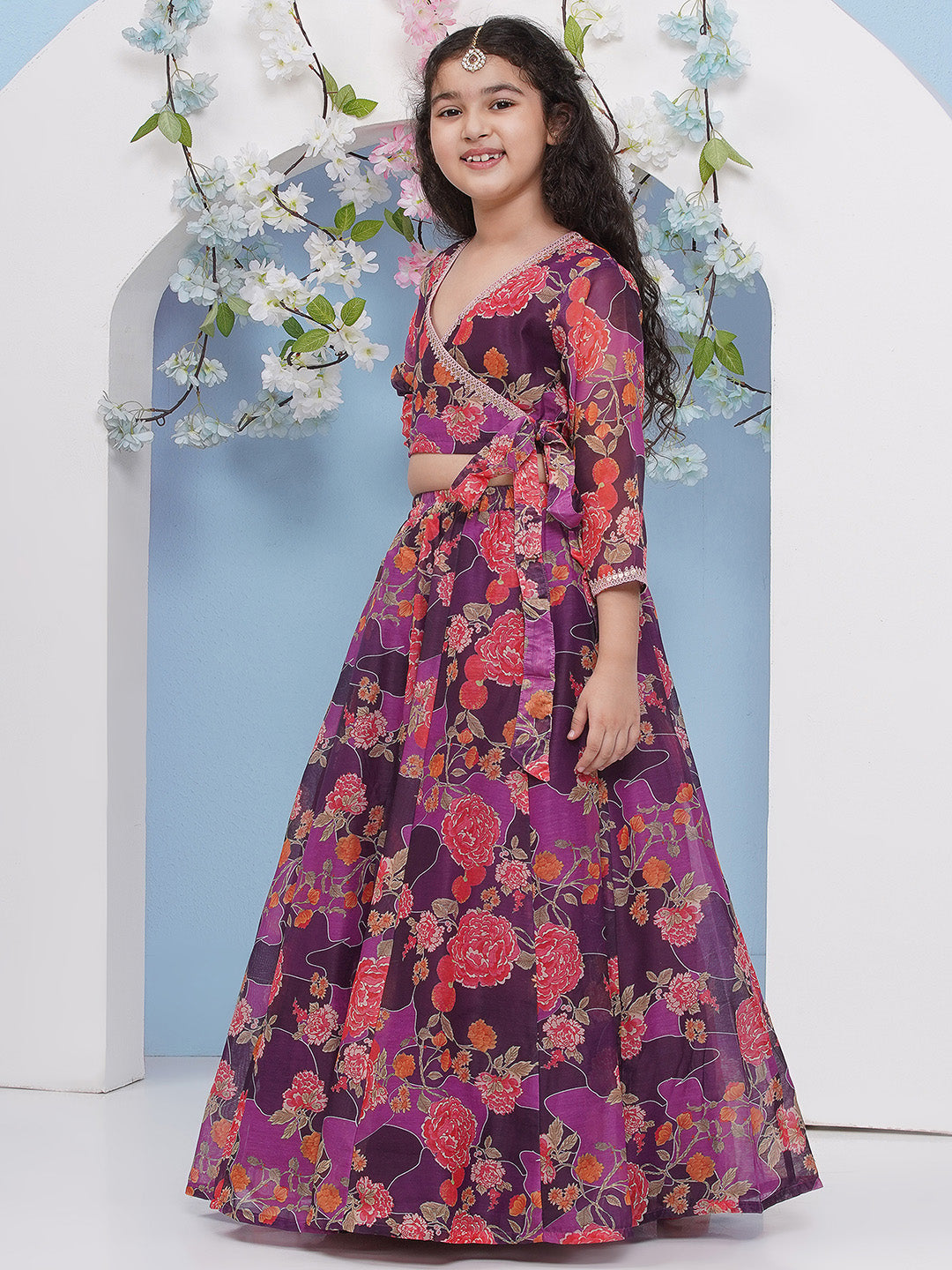 Bitiya by Bhama Girls Purple & Pink Flower Digital Printed Choli Ready to wear Lehenga With Dupatta