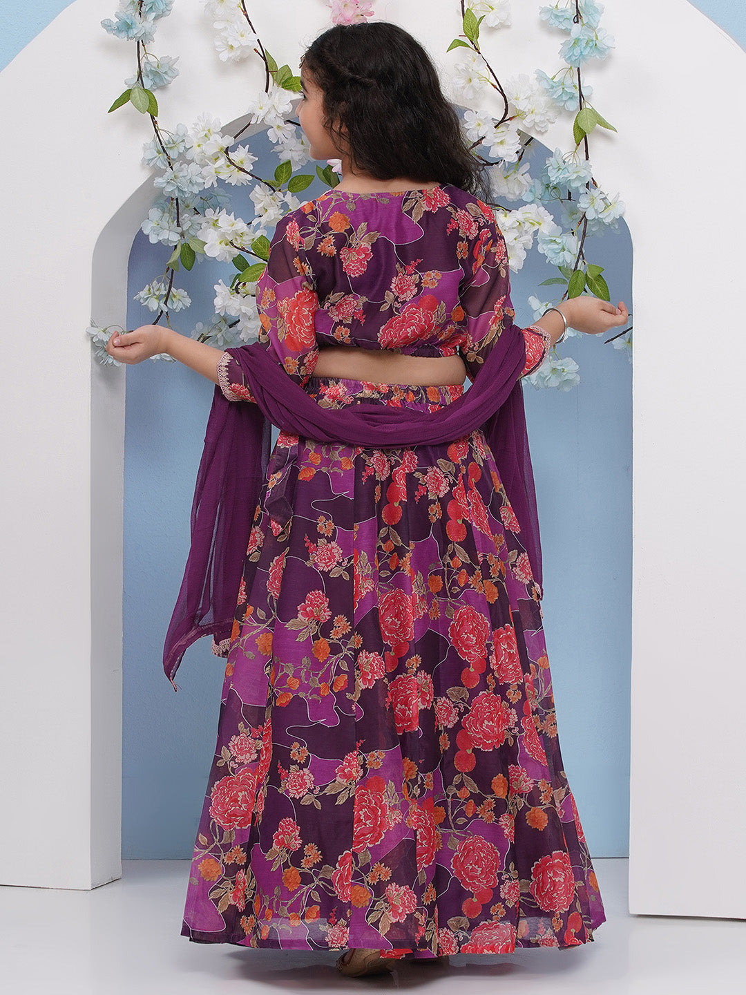 Bitiya by Bhama Girls Purple & Pink Flower Digital Printed Choli Ready to wear Lehenga With Dupatta