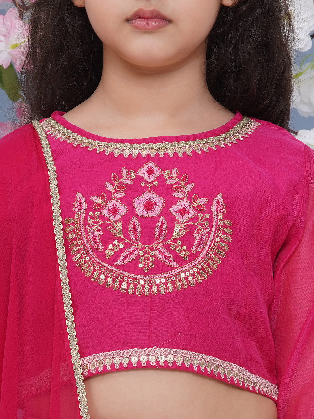 Bitiya by Bhama Girls Fuchsia Pink & Pink Flower Printed with Embroidered Choli, Pink Flower Printed Lehenga with Dupatta