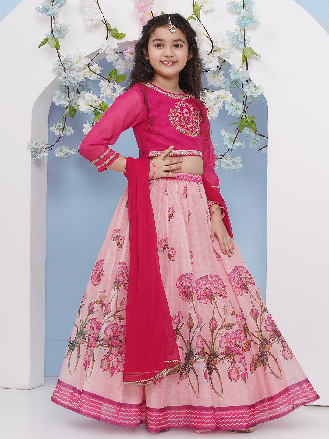Bitiya by Bhama Girls Fuchsia Pink & Pink Flower Printed with Embroidered Choli, Pink Flower Printed Lehenga with Dupatta